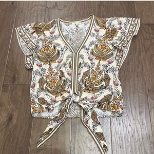 MAX STUDIO‎ Women's Size S Paisley Floral Tie Front Flutter Sleeve Top Beige